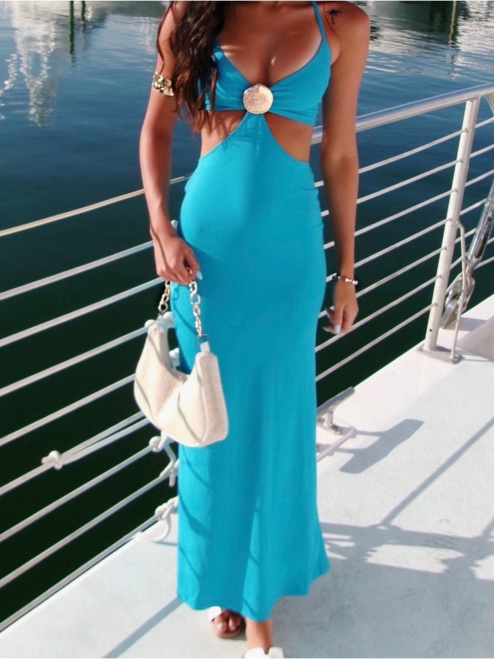 SHEIN Turquoise Cutout Maxi Dress with Gold Medallion